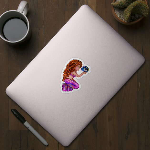 Mermaid Red head anime mermaid with blue tang fish, beautiful girl with Amber hair, green eyes and Cherry pink lips by Artonmytee